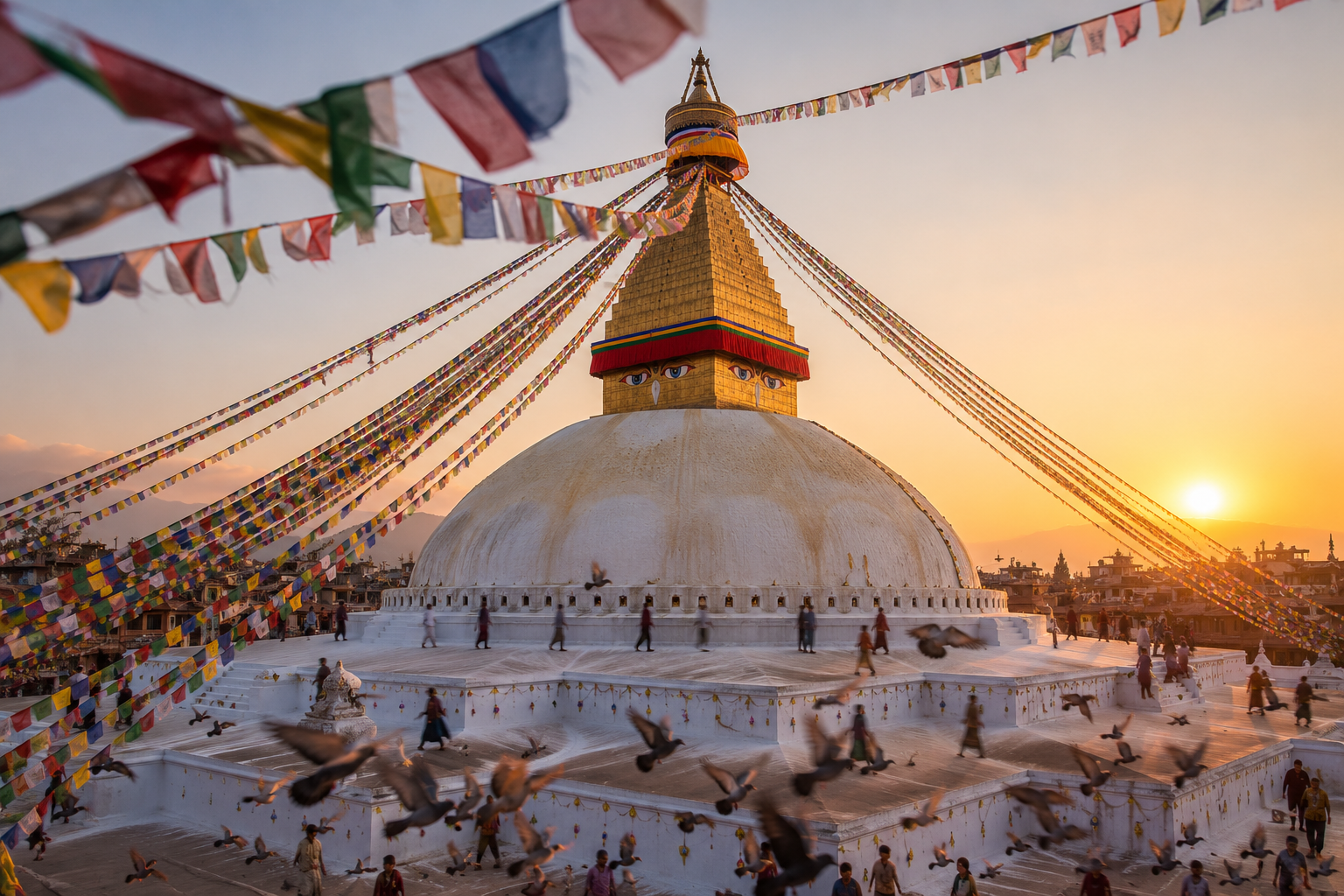 Boudhanath stupa in Kathmandu with prayer flags fanning out at sunset