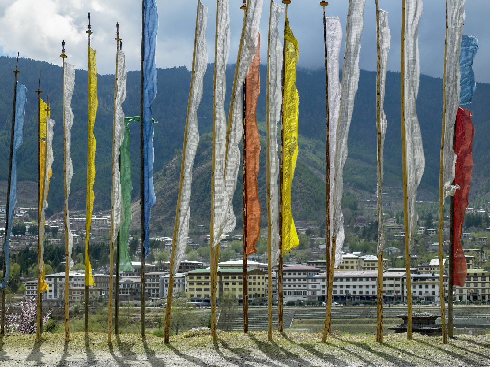 Tall vertical Tibetan darchog prayer flags planted in a Himalayan landscape