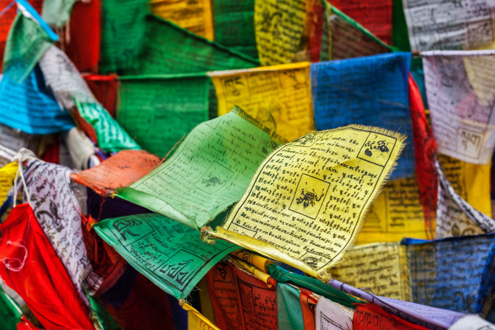 Close-up of Tibetan prayer flags showing printed mantras and Wind Horse imagery