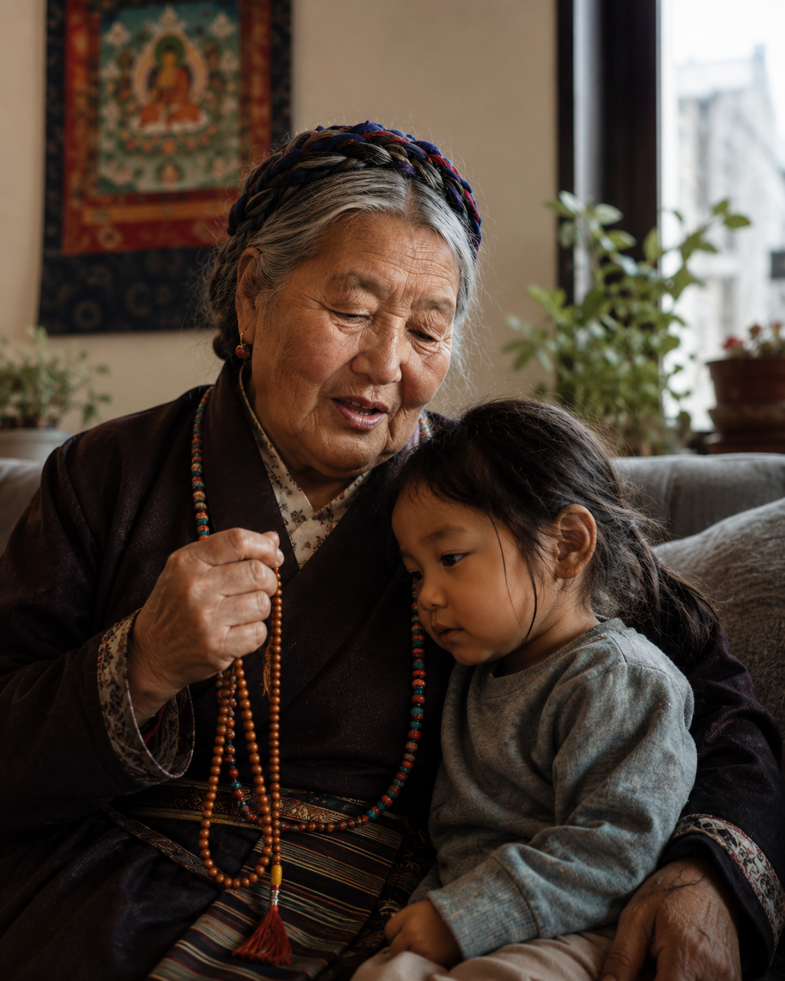 A Tibetan grandmother holding her grandchild close, prayer beads in hand