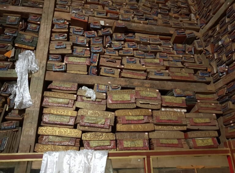 Floor-to-ceiling wooden shelves packed with Tibetan scripture volumes, some with gilded covers