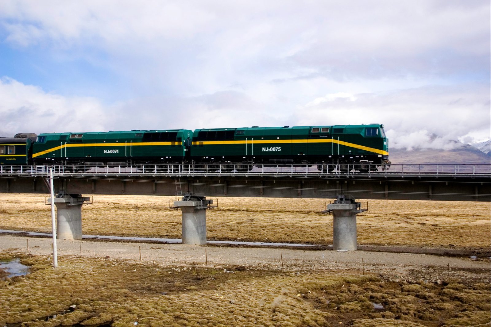 Two dark green diesel locomotives pulling a train across a concrete viaduct over grassland