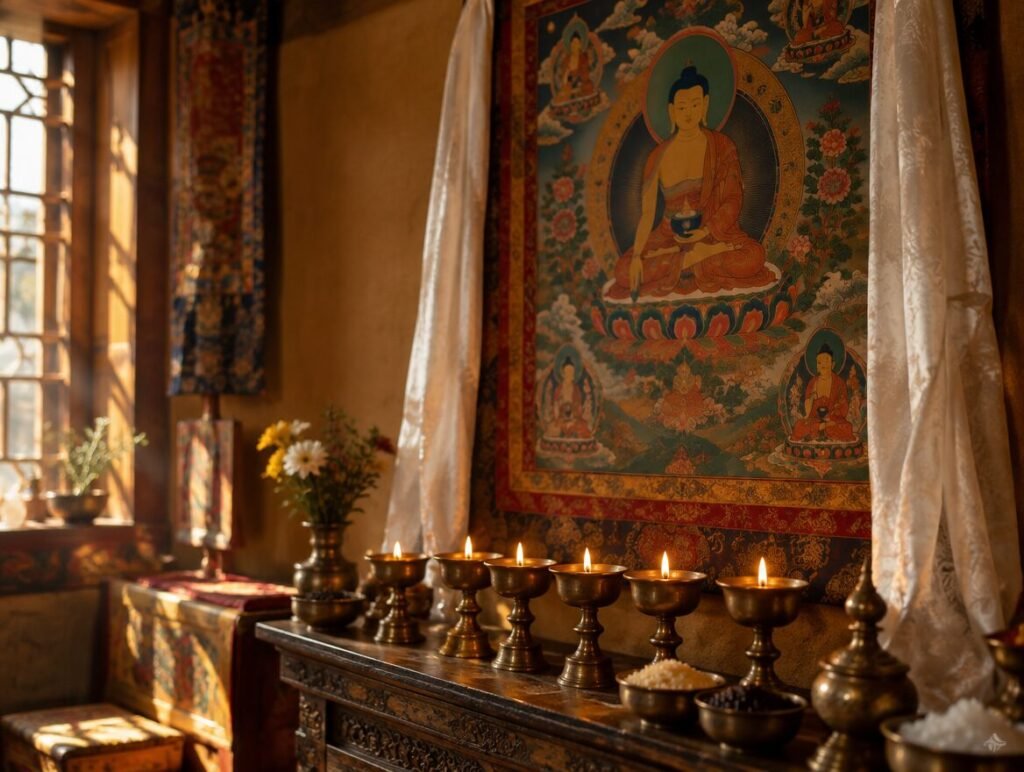 Thangka and butter lamps, illustrative image