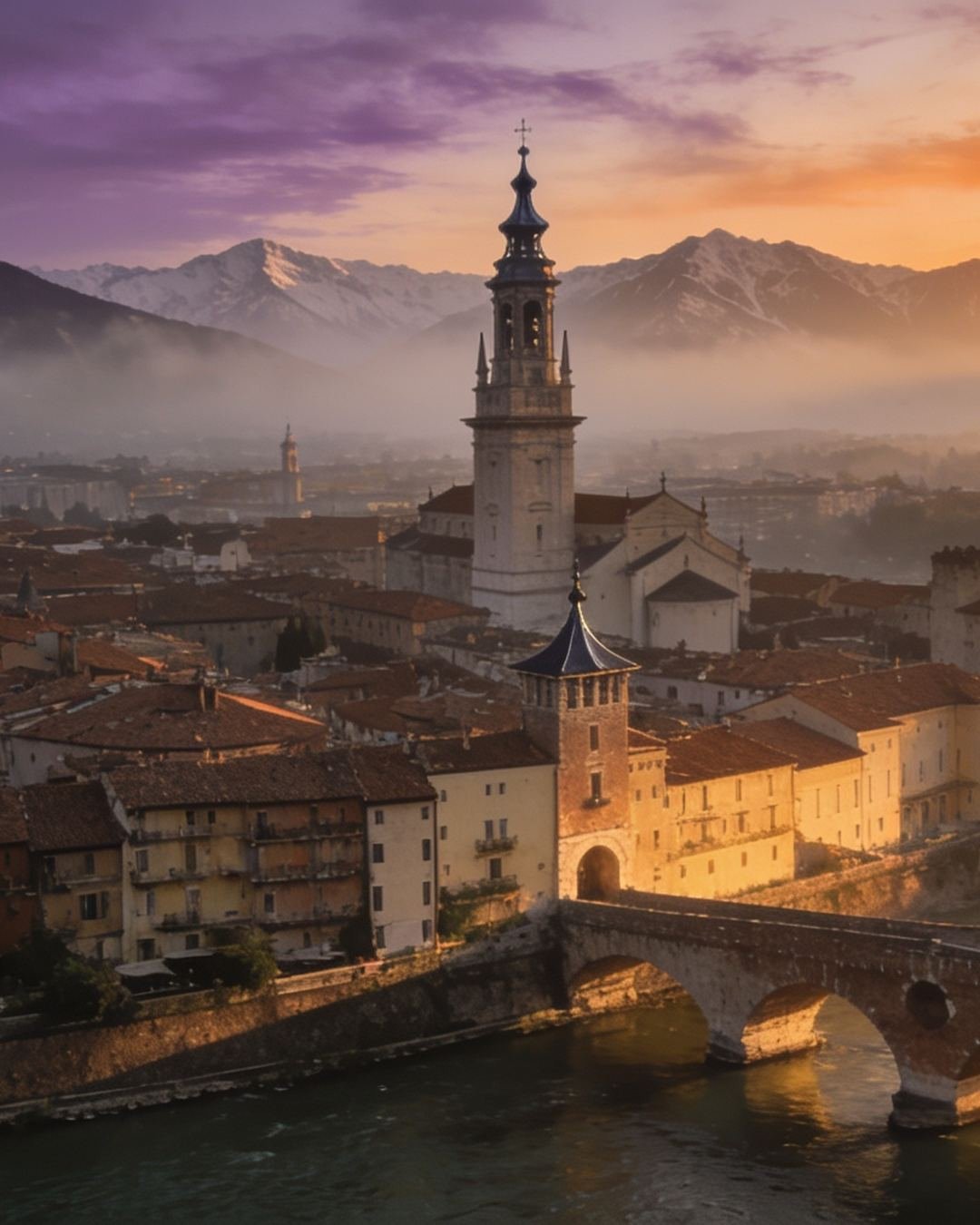 An old European town with a stone bridge, the Alps behind