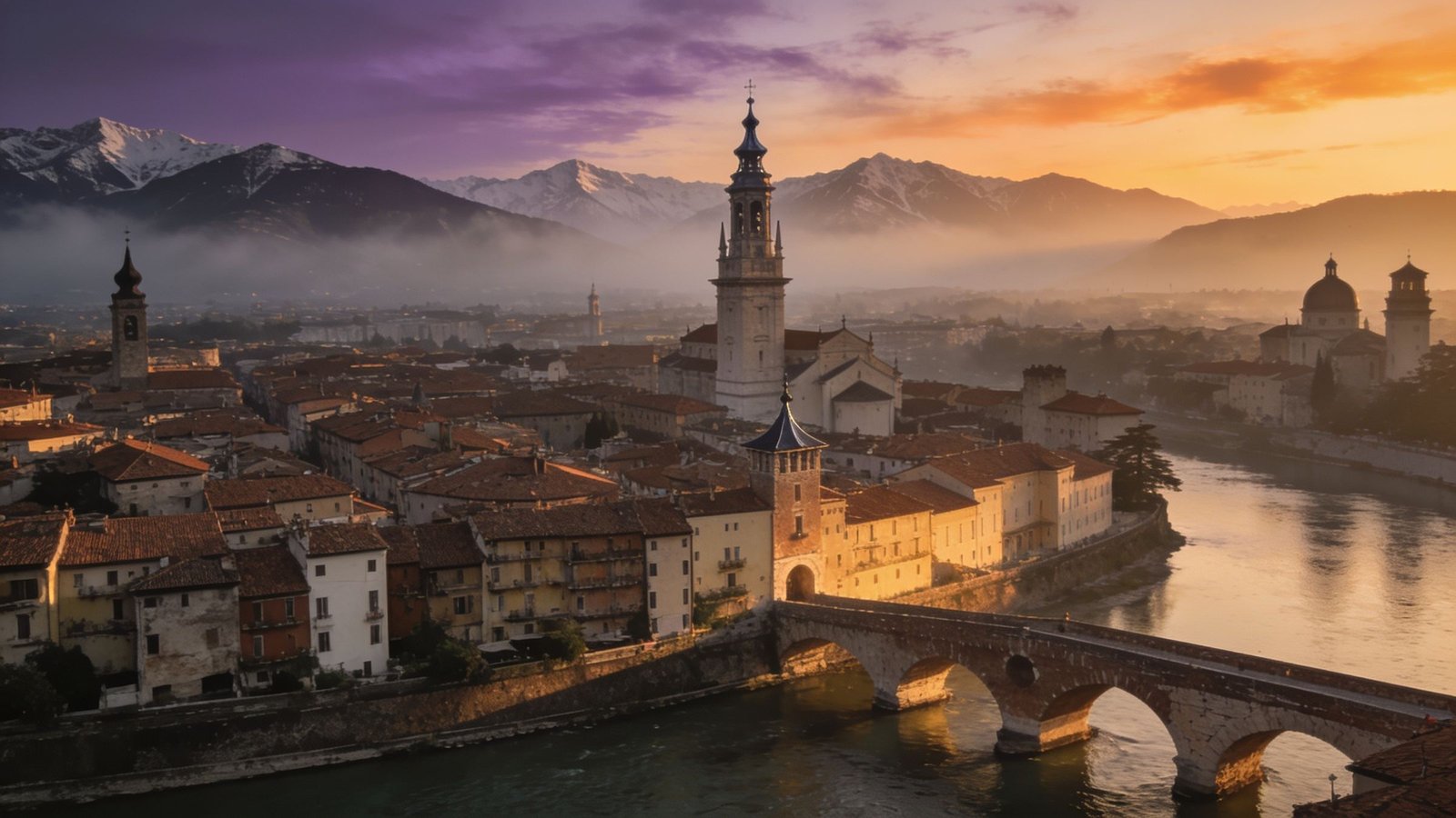An old European town with a stone bridge, the Alps behind