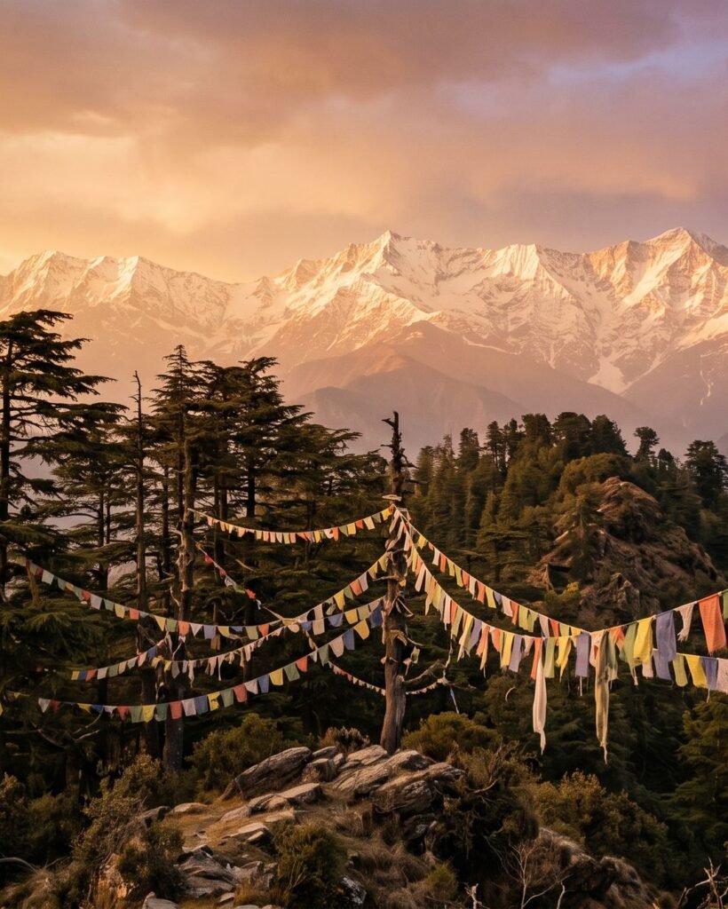 Prayer flags among cedars on a ridge above Dharamshala, the snowy Dhauladhar range behind