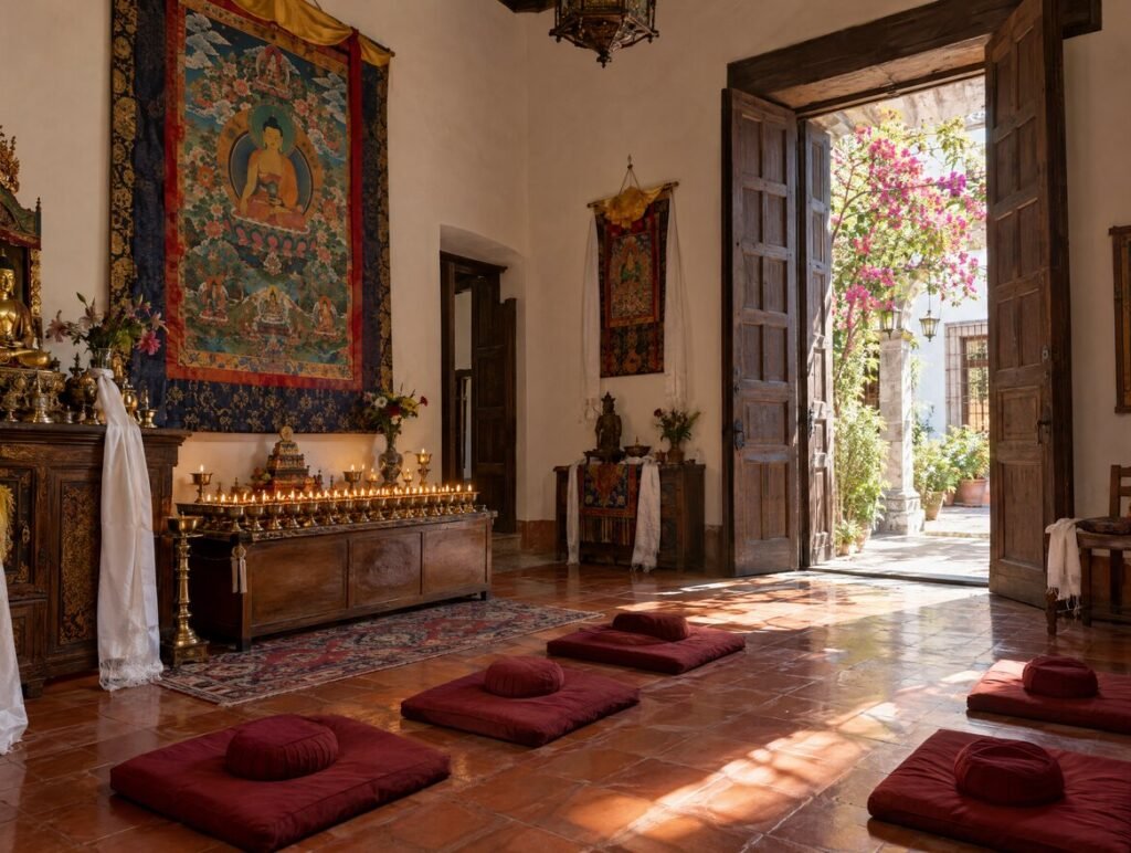Shrine room with thangka and butter lamps, illustrative image