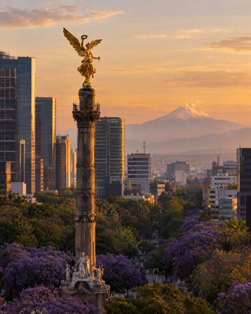 Mexico City and Paseo de la Reforma at golden hour