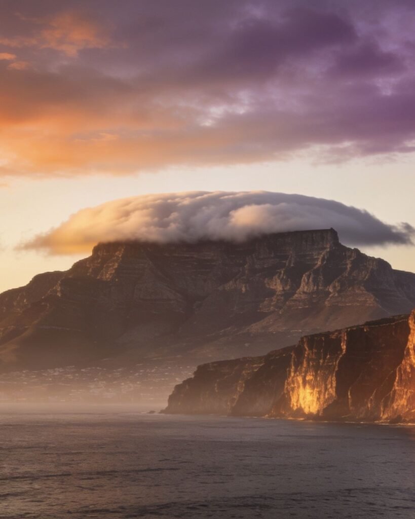 Table Mountain above Cape Town with its tablecloth of cloud