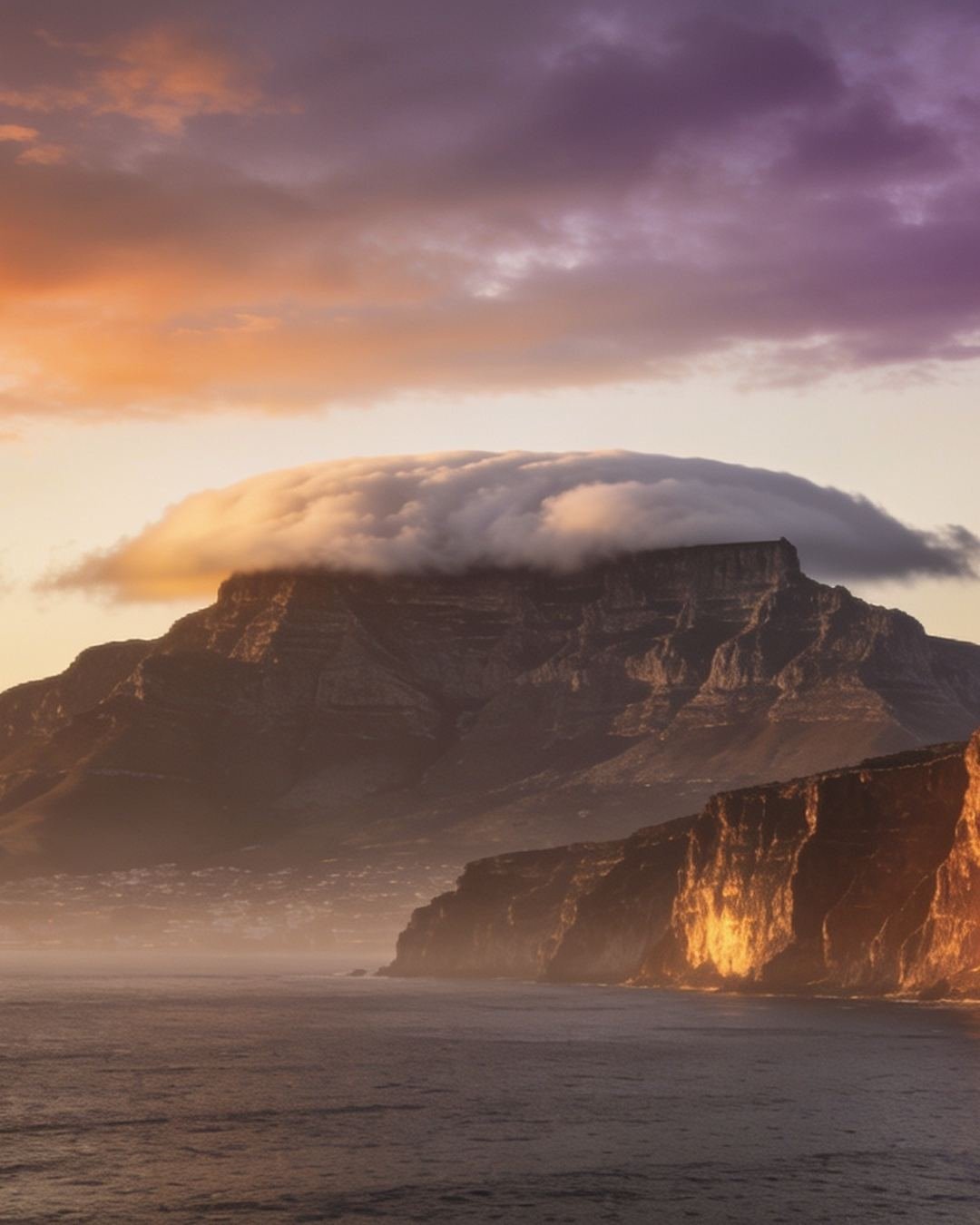 Table Mountain above Cape Town with its tablecloth of cloud