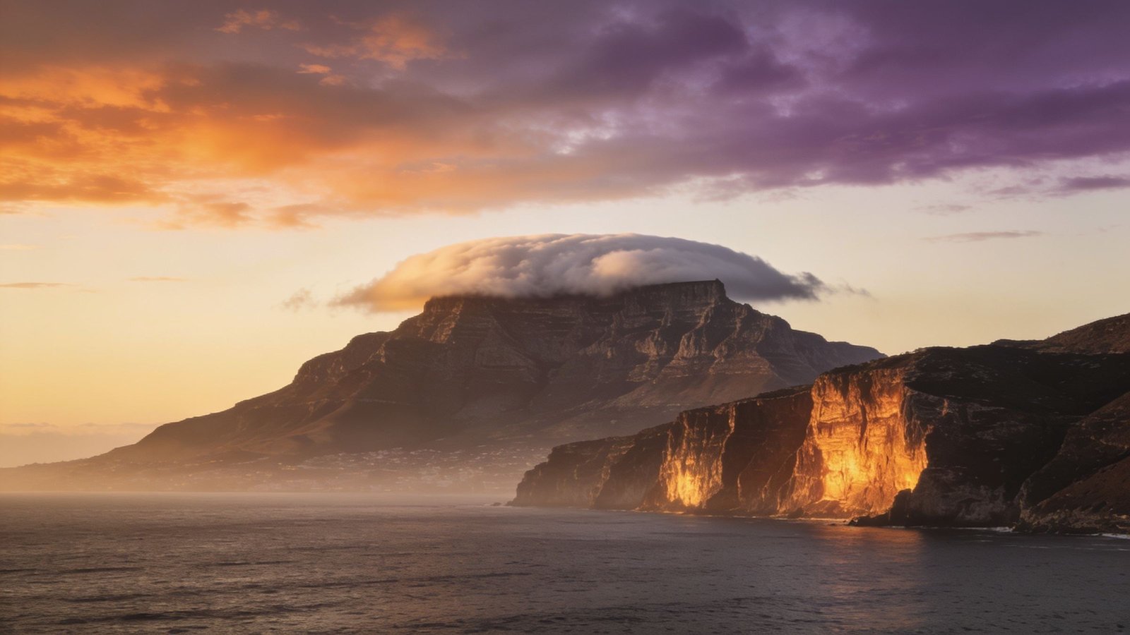Table Mountain above Cape Town with its tablecloth of cloud